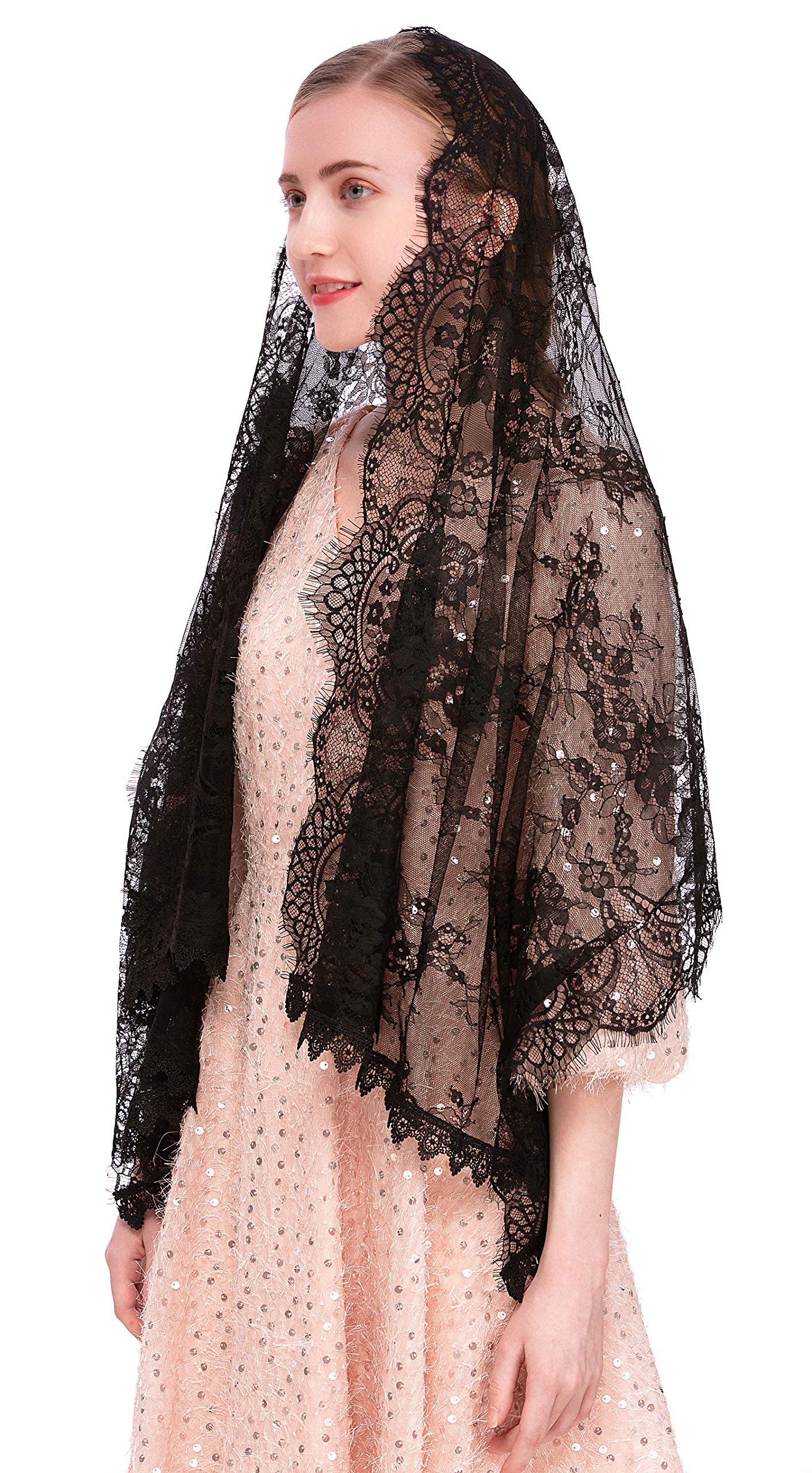 PAMOR Rectangular Chapel Veil Spanish Lace Floral Mantilla Veils Wrap Shawl Mass Head Covering (Black)