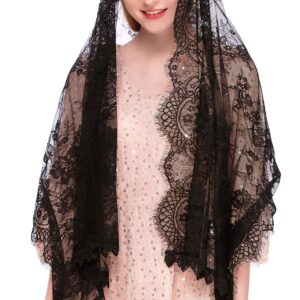 PAMOR Rectangular Chapel Veil Spanish Lace Floral Mantilla Veils Wrap Shawl Mass Head Covering (Black)