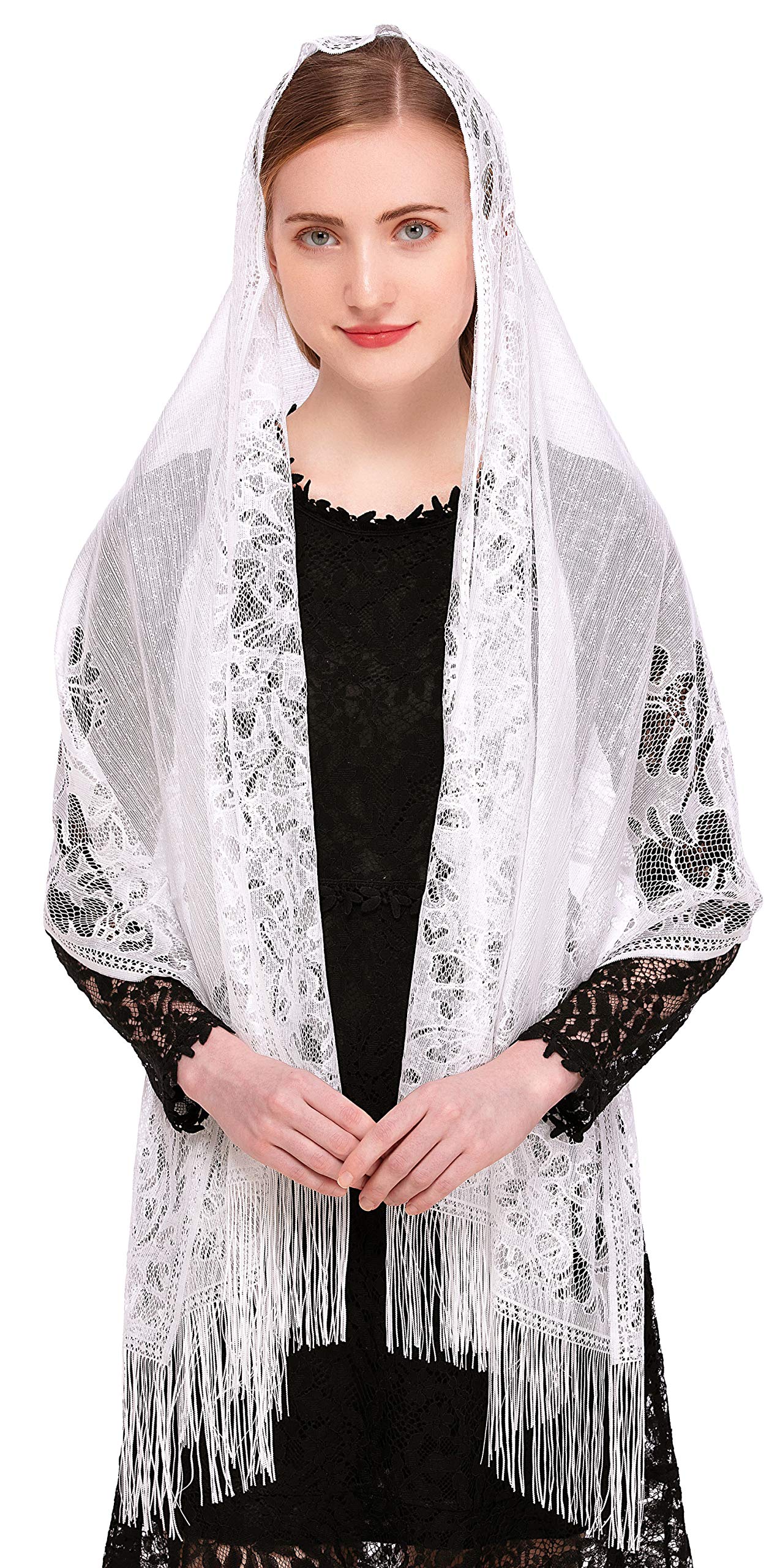 PAMOR Chapel Veil Scarf Mantilla Veils Rectangular Wrap Shawl Mass Head Covering with Fringe Trim (White)