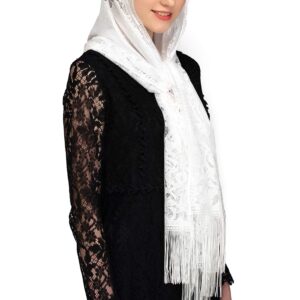 PAMOR Chapel Veil Scarf Mantilla Veils Rectangular Wrap Shawl Mass Head Covering with Fringe Trim (White)