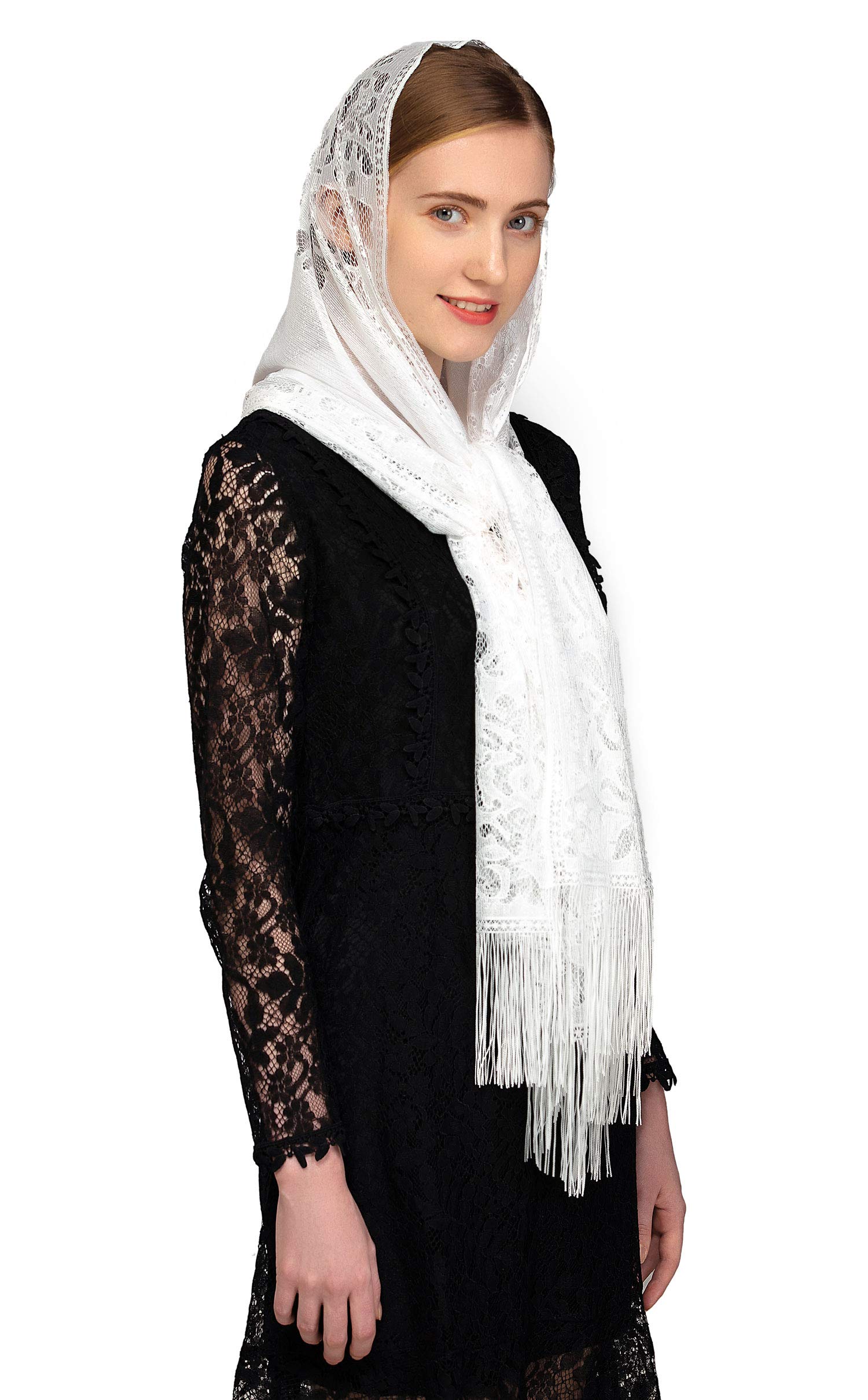 PAMOR Chapel Veil Scarf Mantilla Veils Rectangular Wrap Shawl Mass Head Covering with Fringe Trim (White)