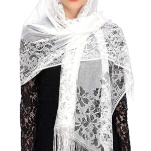 PAMOR Chapel Veil Scarf Mantilla Veils Rectangular Wrap Shawl Mass Head Covering with Fringe Trim (White)