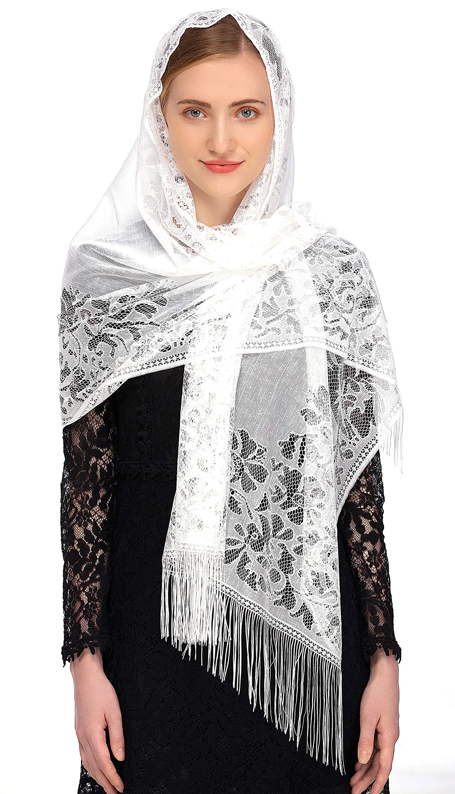 PAMOR Chapel Veil Scarf Mantilla Veils Rectangular Wrap Shawl Mass Head Covering with Fringe Trim (White)