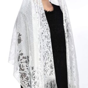 PAMOR Chapel Veil Scarf Mantilla Veils Rectangular Wrap Shawl Mass Head Covering with Fringe Trim (White)