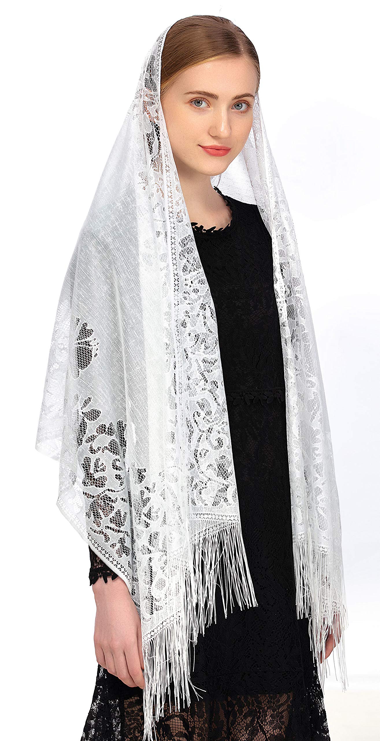 PAMOR Chapel Veil Scarf Mantilla Veils Rectangular Wrap Shawl Mass Head Covering with Fringe Trim (White)