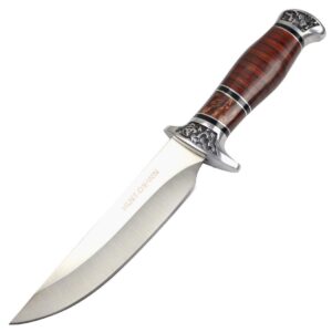 hunt-down 12" western style hunting knife packawood wood handle leather sheath