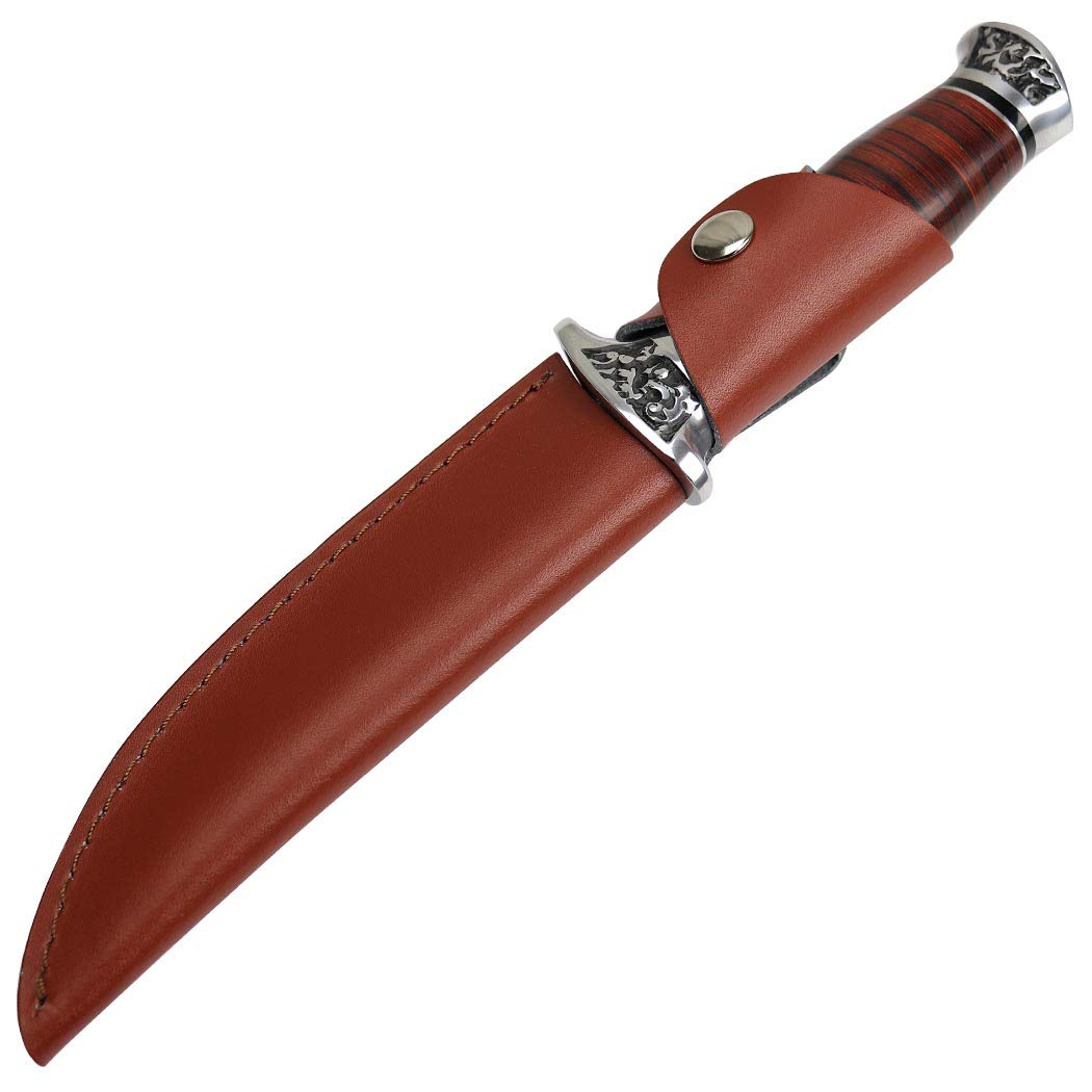 HUNT-DOWN 12" Western Style Hunting Knife Packawood Wood Handle Leather Sheath