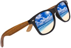 woodies zebra wood sunglasses with ice blue mirrored polarized lens and real wooden frame for men and women | 100% uva/uvb protection