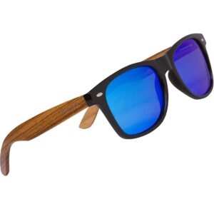 Woodies Zebra Wood Sunglasses with Ice Blue Mirrored Polarized Lens and Real Wooden Frame for Men and Women | 100% UVA/UVB Protection