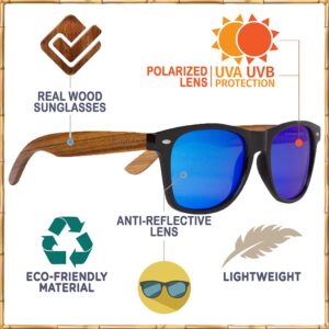 Woodies Zebra Wood Sunglasses with Ice Blue Mirrored Polarized Lens and Real Wooden Frame for Men and Women | 100% UVA/UVB Protection