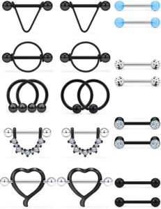 ftovosyo 20pcs 14g surgical steel nipple rings hoop diamond cz barbell heart shape nipplerings piercing women nipple shield bar jewelry black horseshoe straight barbell