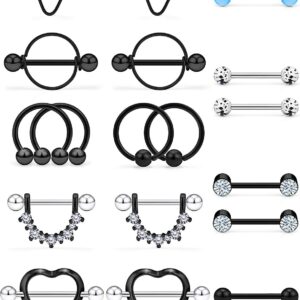 Ftovosyo 20PCS 14G Surgical Steel Nipple Rings Hoop Diamond CZ Barbell Heart Shape Nipplerings Piercing Women Nipple Shield Bar Jewelry Black Horseshoe Straight Barbell