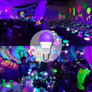 FAGUANGAO LED Black Light Bulb,9W(75Watt Equivalent) A19 UV Blacklight Bulb,120V,UVA Level 390-400nm,E26 Medium Base,Glow in The Dark for Blacklight Party,Fluorescent Poster,Neon Glow,4 Pack