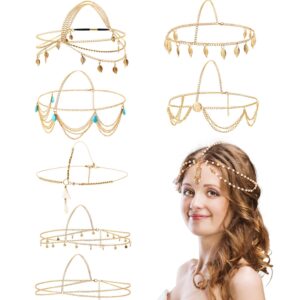 WILLBOND 8 Pieces Gold Head Chain Jewelry Halloween Boho Headband Coins Pearl Tassel Chain Hair Band Festival Prom Wedding Headpiece for Women(Cute Style)