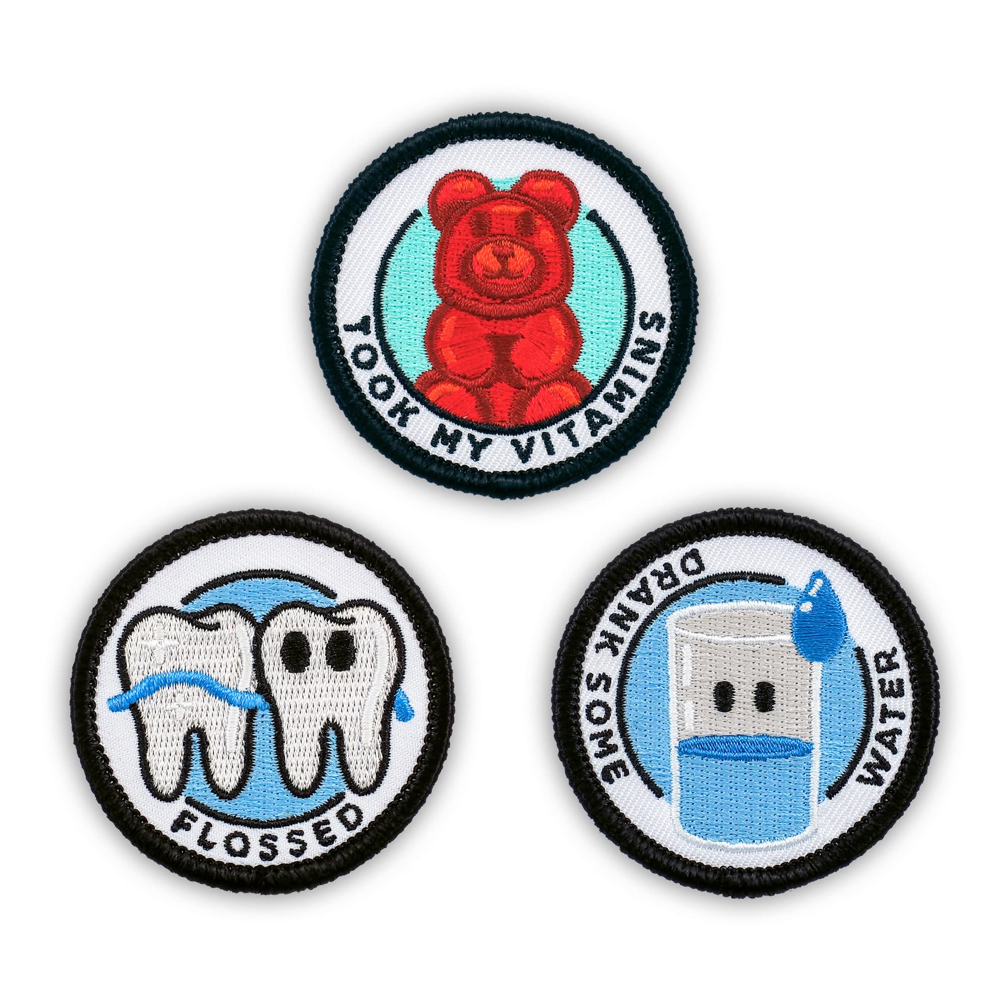 Winks For Days Adulting Merit Badge Embroidered Iron-On Patches (Health - Set 2) - Includes Three (3) 2" Patches: Flossed, Took My Vitamins, and Drank Some Water