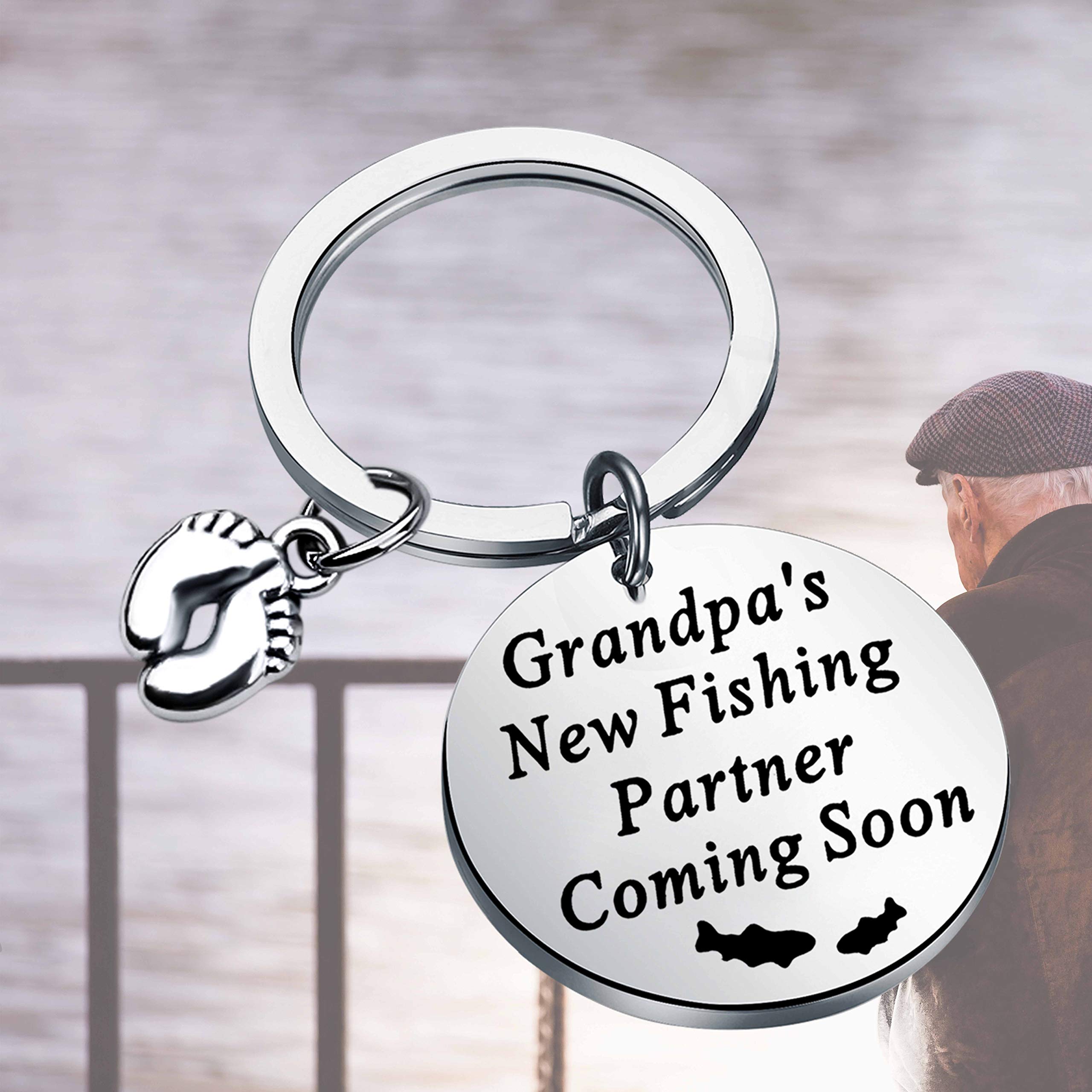 Grandpa to Be Gift Grandpas New Fishing Partner Coming Soon Keychain Pregnancy Announcement Gift for Grandpa Papa Grandfather (silver)