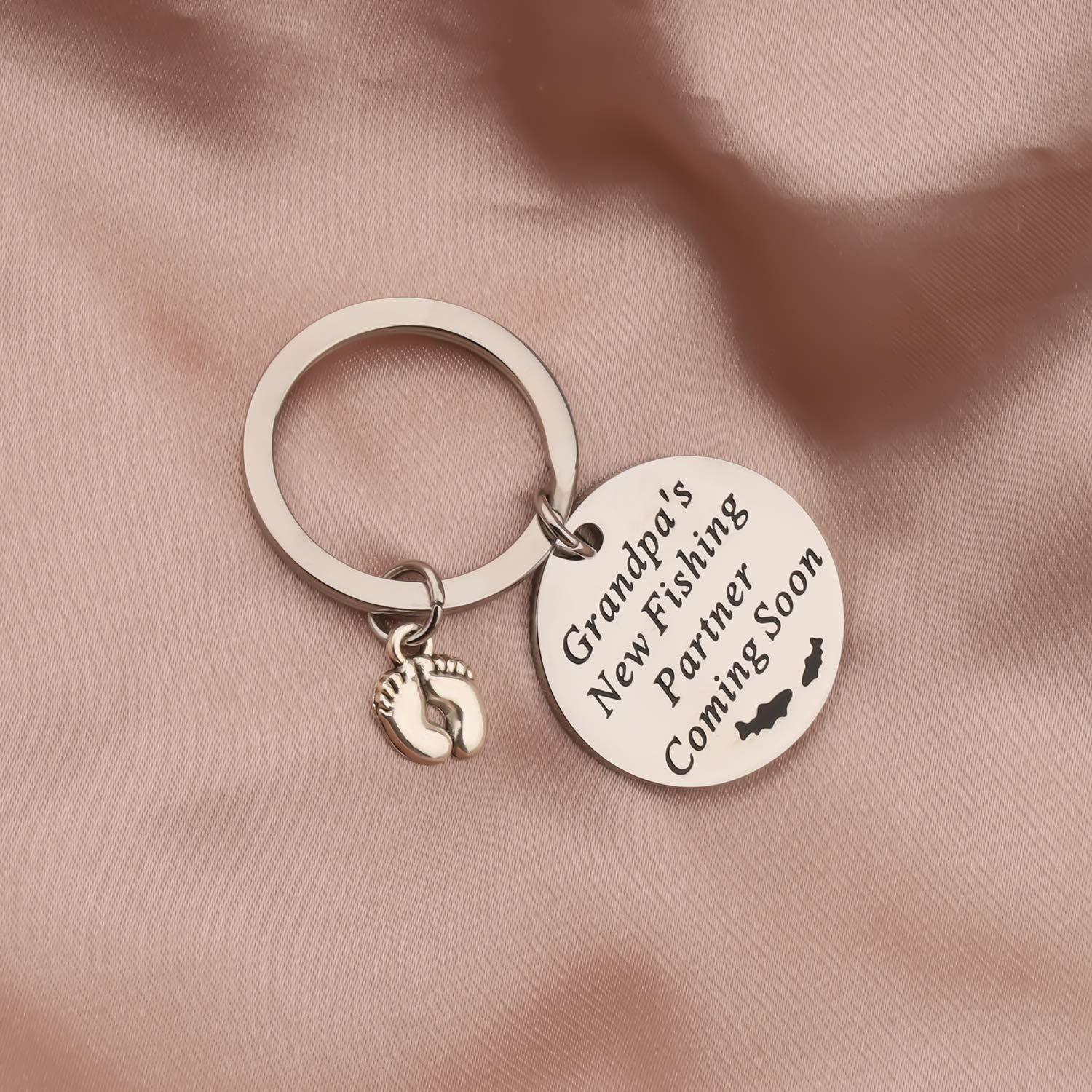 Grandpa to Be Gift Grandpas New Fishing Partner Coming Soon Keychain Pregnancy Announcement Gift for Grandpa Papa Grandfather (silver)