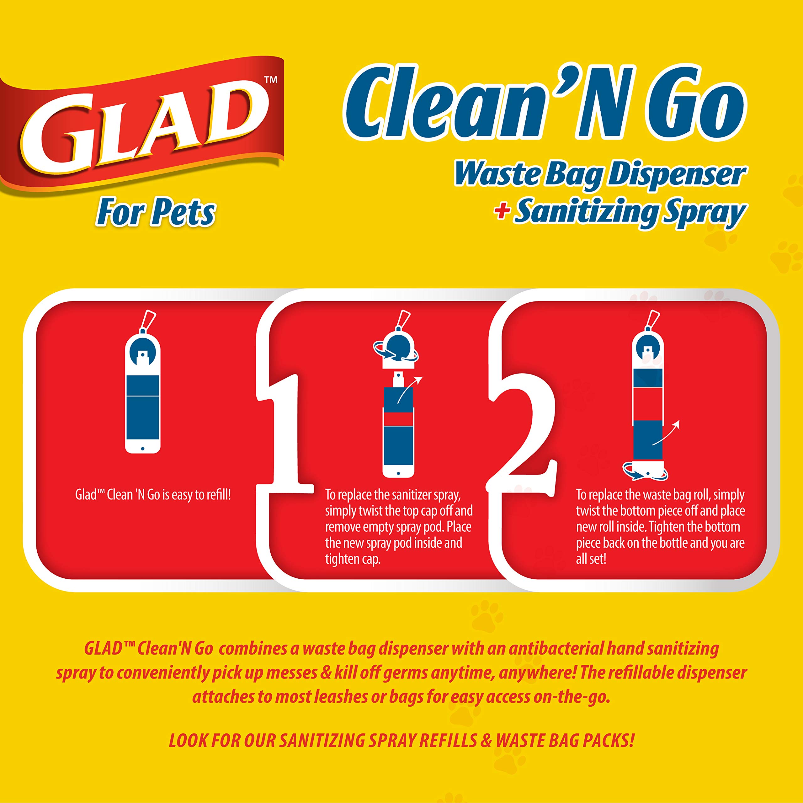 Glad for Pets Clean & Go Waste Bag Dispenser & Antibacterial Soothing Aloe Hand Sanitizer Spray | With Poop Bag Holder, 15 Bags in Tropical Breeze Scent & Mini Hand Sanitizer