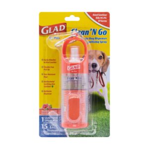 Glad for Pets Clean & Go Waste Bag Dispenser & Antibacterial Soothing Aloe Hand Sanitizer Spray | With Poop Bag Holder, 15 Bags in Tropical Breeze Scent & Mini Hand Sanitizer