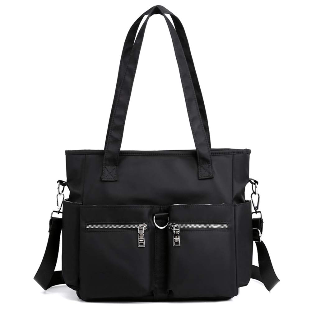 Womens Tote Bags Multi Pocket Soft Nylon Shoulder Bag Waterproof Travel Work Purse and Handbags (Black)