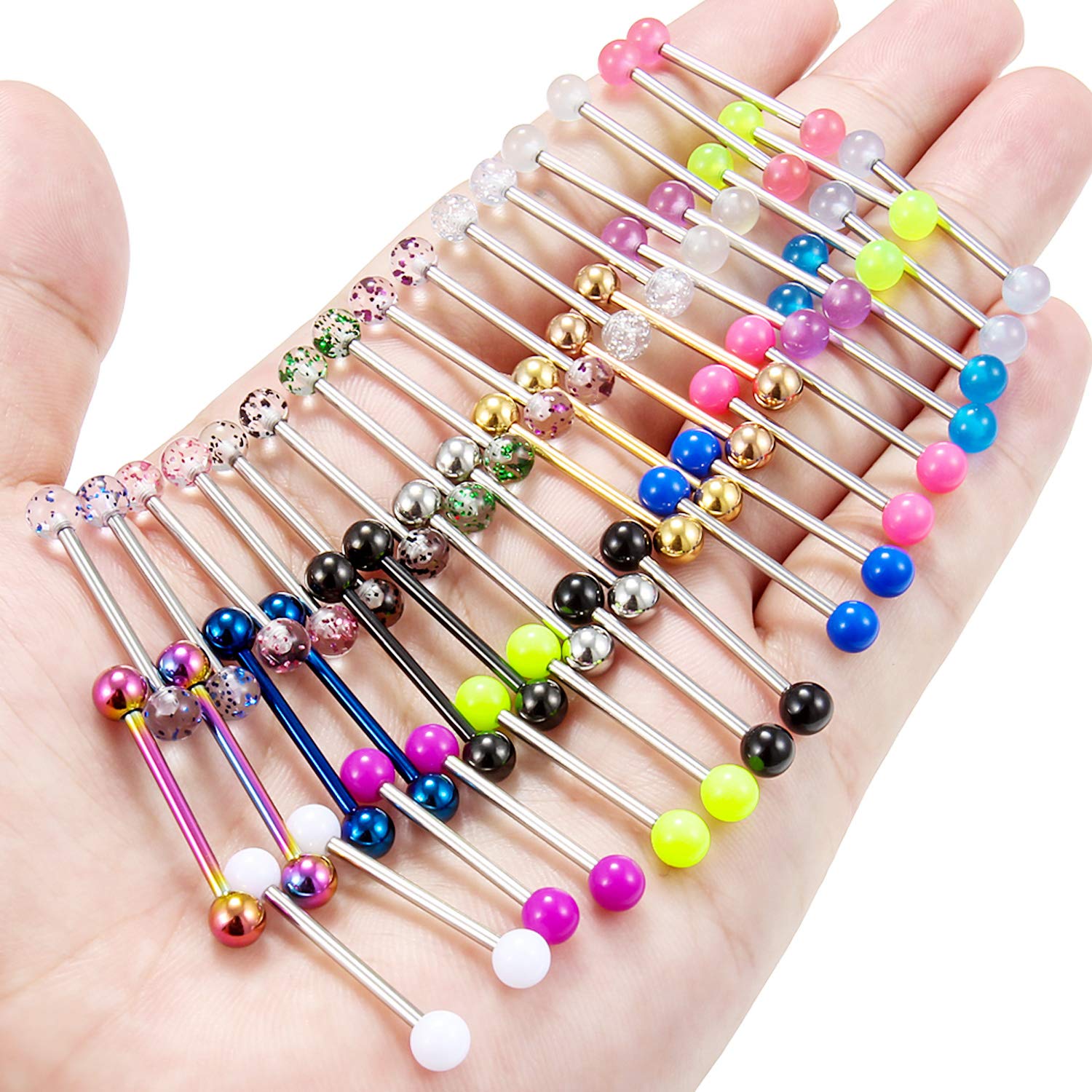 Ftovosyo 48pcs 14G 19mm Tongue Rings Nipple Straight Barbells Surgical Steel Nipplerings Bar Body Piercing Jewelry for Women Men Silver-Tone Rose Gold Black Glow in The Dark Ball