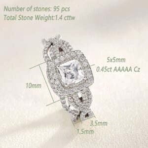 Wuziwen Princess Cut Engagement Ring Wedding Band Set 925 Sterling Silver Cubic Zirconia Cz Size 7