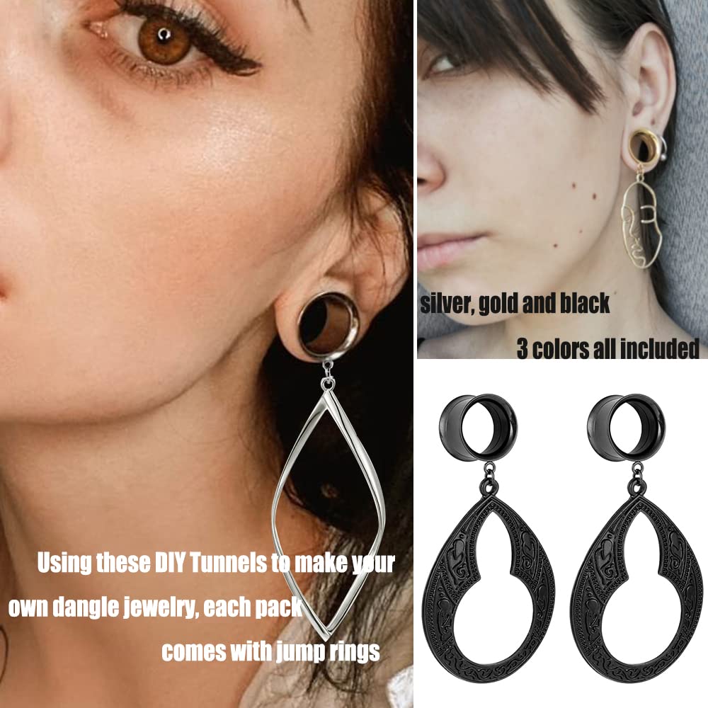 Casvort 6 PCS 8mm (0g) Hypoallergenic 316 Stainless Steel Hot Silver Gold Black Ear Piercing Tunnels for Dangles DIY Ear Gauges Wedding Women Body Jewelry