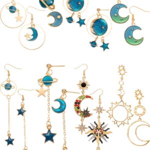 8 Pairs Moon Star Earth Planet Earrings Asymmetrical Vintage Bohemian Earrings Dangle Pendant Earrings Drop Hook Earrings Jewelry for Women