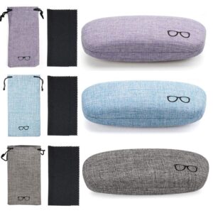 tkocisa 3 pieces hard shell eyeglasses case glasses case, retro portable glasses case, linen fabrics sunglasses case with glasses pouch and cleaning cloth for women, men, kids