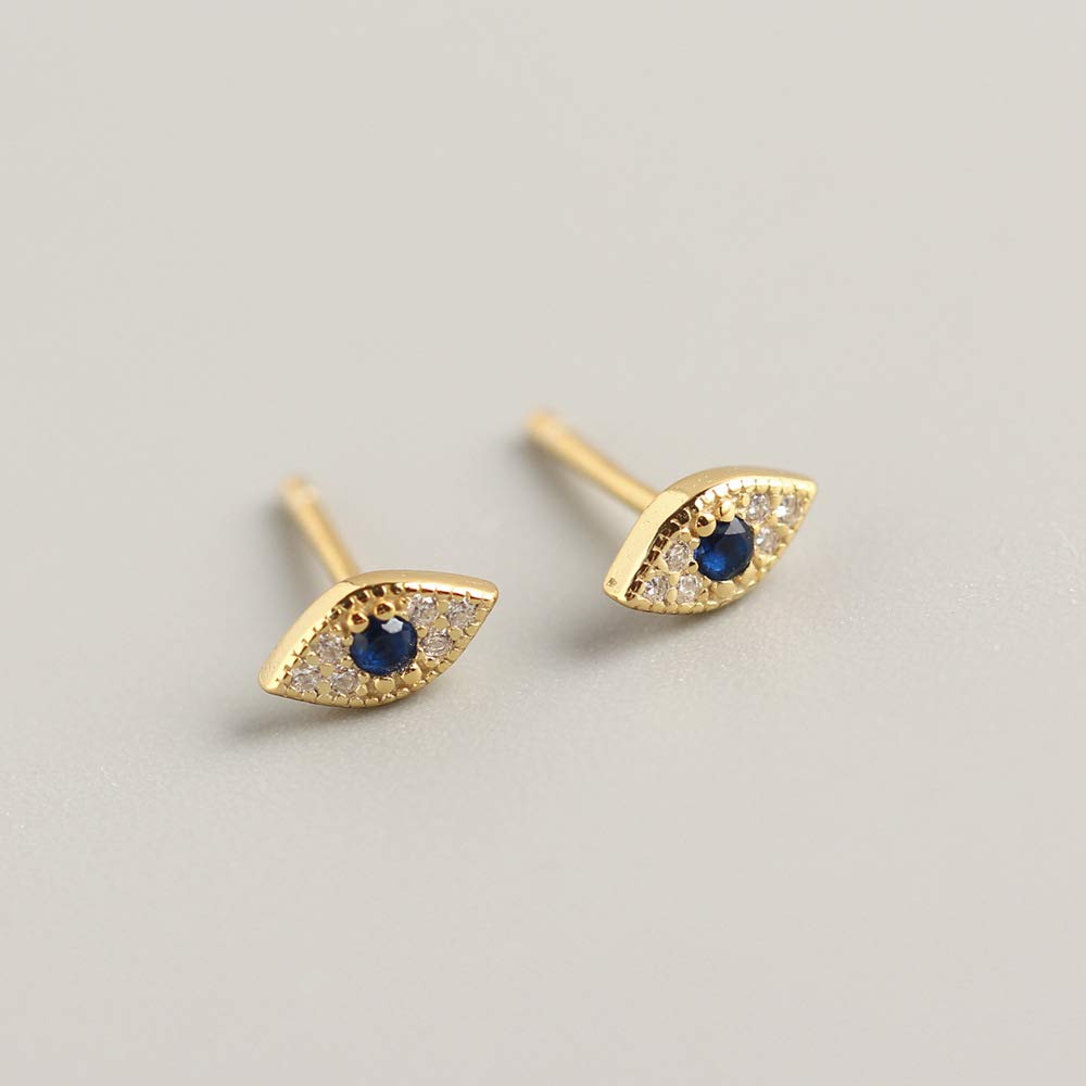 Dainty Evil Eye Mini Stud Earrings Sterling Silver Blue Crystal CZ Wedding Earring Ear Piercing Studs for Women (Gold)