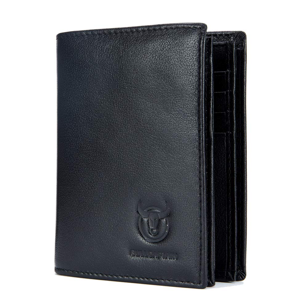 BULLCAPTAIN RFID Blocking Bifold Wallet For Men Genuine Leather Extra Capacity Travel Wallet with 2 Cash Compartments QB027 (Black)