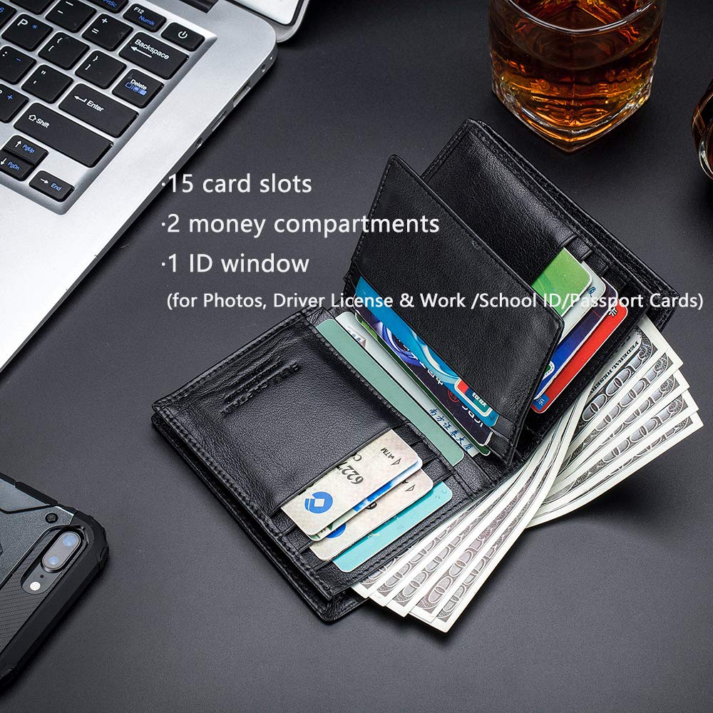 BULLCAPTAIN RFID Blocking Bifold Wallet For Men Genuine Leather Extra Capacity Travel Wallet with 2 Cash Compartments QB027 (Black)