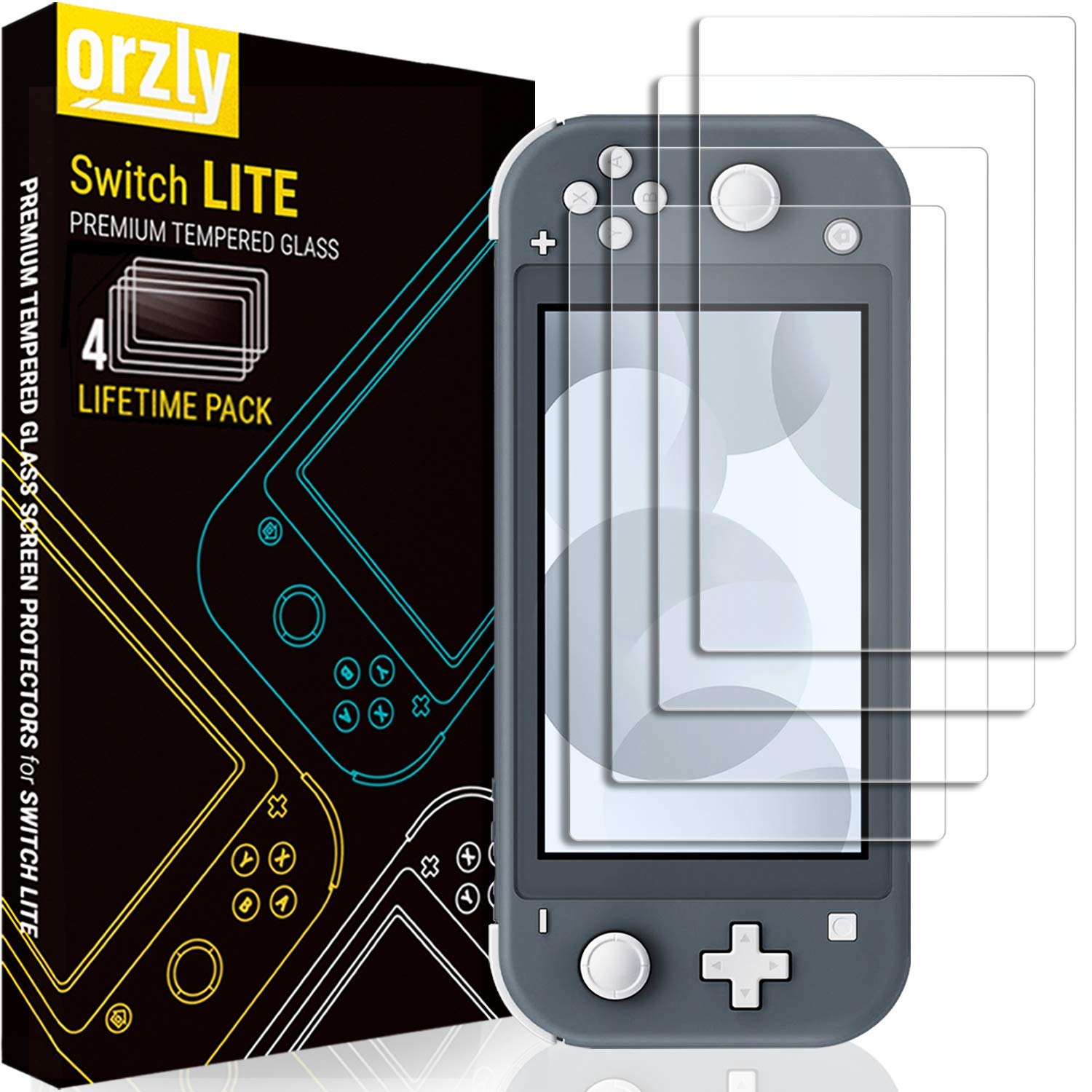 Orzly Screen Protector for Nintendo Switch Lite 2019 Model [4 Pack] Tempered Glass Screen Protectors. No Bubbles Easy Installation Anti Scratch Edition