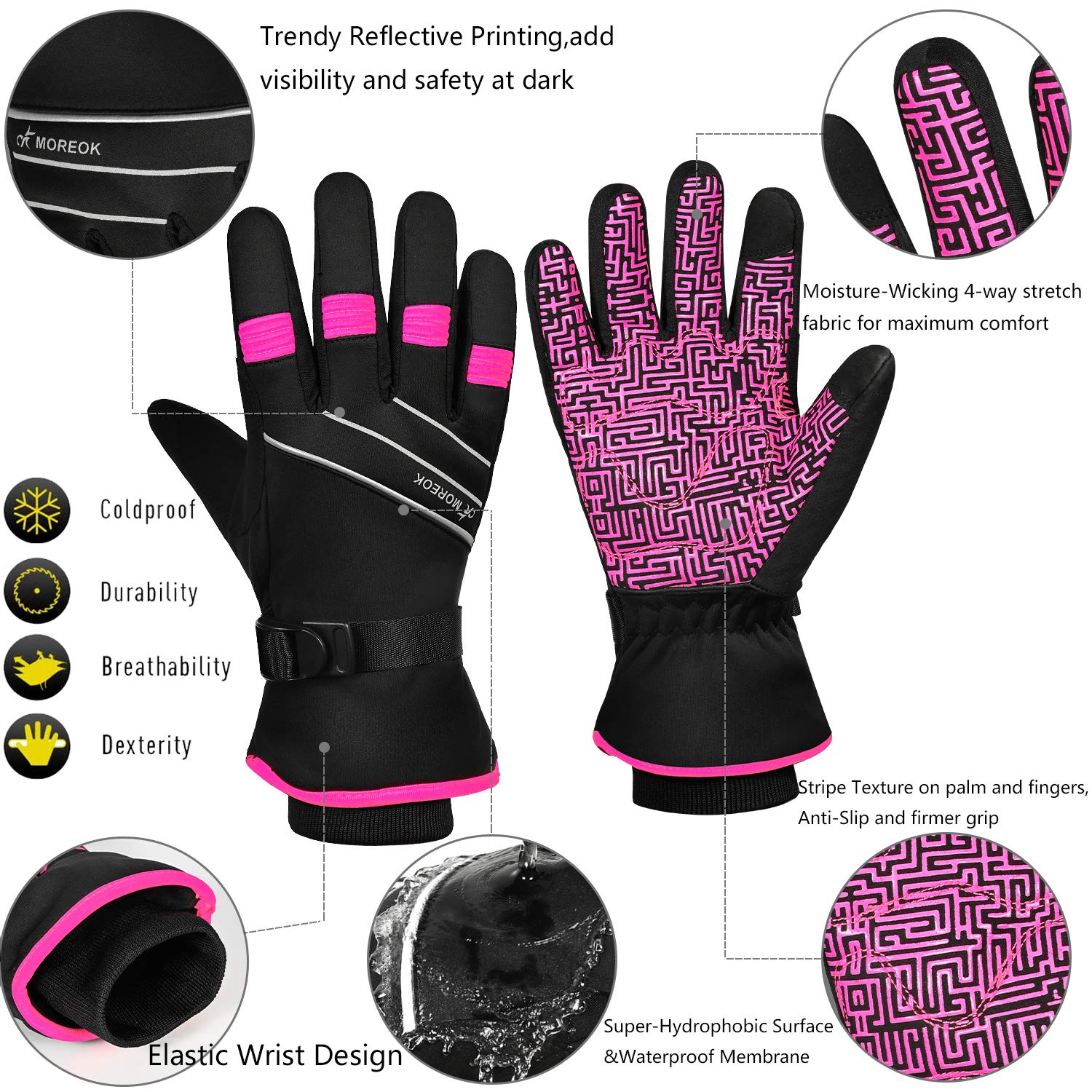 MOREOK Waterproof & Windproof -30°F Winter Gloves for Men/Women, 3M Thinsulate Thermal Gloves Touch Screen Warm Gloves for Skiing,Cycling,Motorcycle,Running-Pink-S