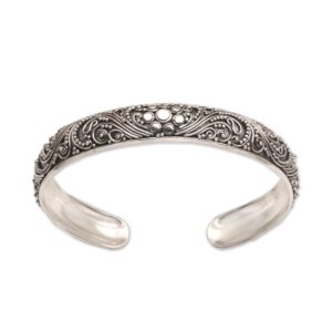 novica artisan handmade sterling silver cuff bracelet swirl motif from bali no stone indonesia [6 in l (end to end) x 0.4 in w] ' shrine swirls'