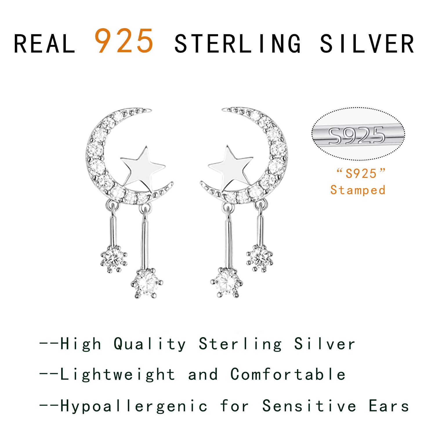 Reffeer 925 Sterling Silver Crescent Moon Star Earrings Studs for Women Teens Girls CZ Moon Studs Earrings Star Tassel Earrings (A-Silver)