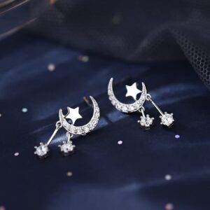 Reffeer 925 Sterling Silver Crescent Moon Star Earrings Studs for Women Teens Girls CZ Moon Studs Earrings Star Tassel Earrings (A-Silver)