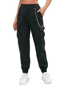 zaful cargo pants for women high waisted jogger pants outdoor sweatpants casual pants with chain (1-black,l)