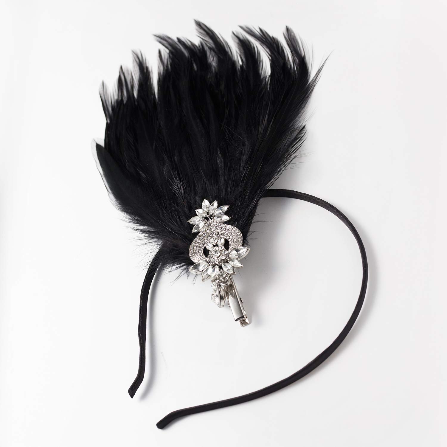 SWEETV 1920s Feather Headpiece Flapper Headband, Roaring 20s Hair Accessories Great Gatsby Hair Clip Black