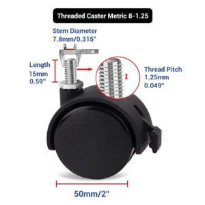 Guildrey Threaded Caster, M8-1.25 Swivel Stem for Replacement, Set of 4, Twin Caster Wheels with Locking Brake