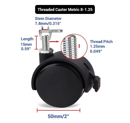 Guildrey Threaded Caster, M8-1.25 Swivel Stem for Replacement, Set of 4, Twin Caster Wheels with Locking Brake