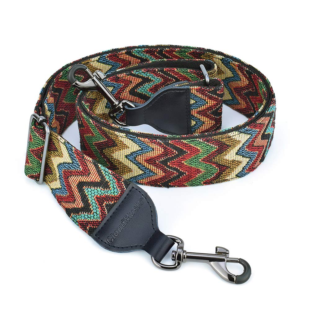 CLOUDMUSIC Banjo Strap Jacquard Woven With Leather Ends Gunmetal Clips(Coloful Waves)