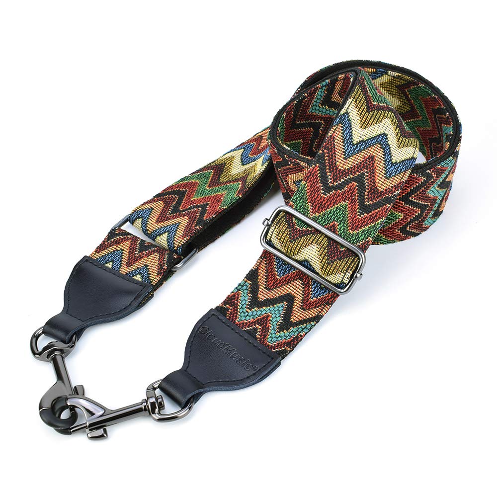 CLOUDMUSIC Banjo Strap Jacquard Woven With Leather Ends Gunmetal Clips(Coloful Waves)