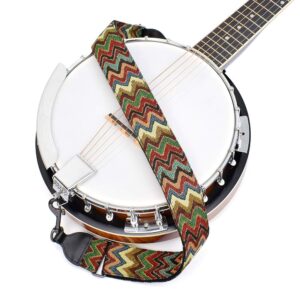 CLOUDMUSIC Banjo Strap Jacquard Woven With Leather Ends Gunmetal Clips(Coloful Waves)