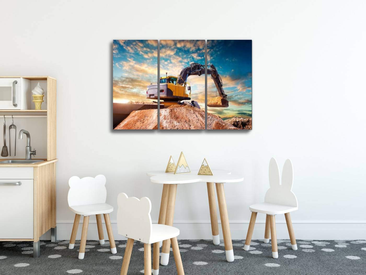 YKing1 Excavator at a Construction site Against The Setting Sun Wall Art Painting Pictures Print On Canvas Stretched & Framed Artworks Modern Hanging Posters Home Decor 3PANEL