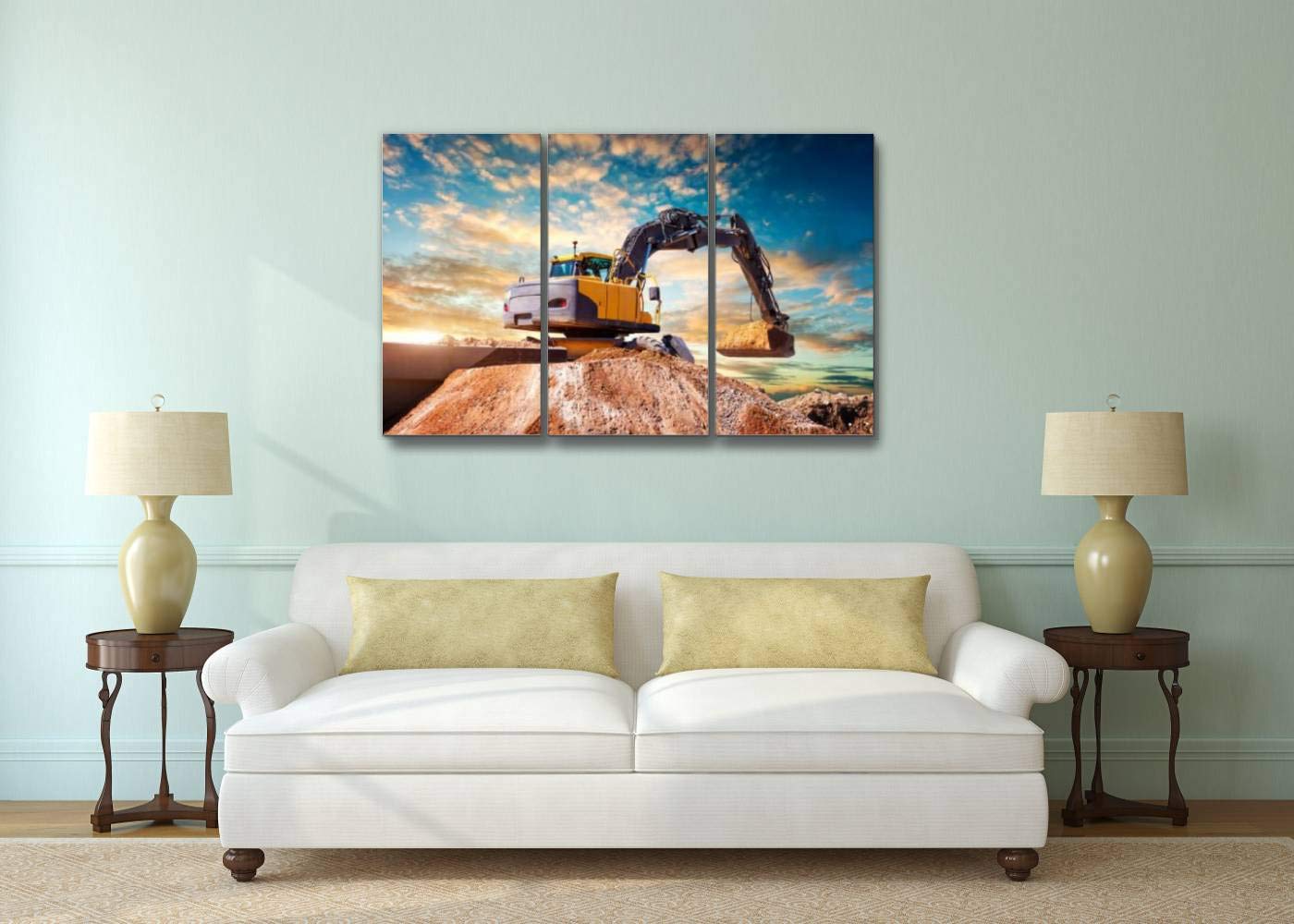 YKing1 Excavator at a Construction site Against The Setting Sun Wall Art Painting Pictures Print On Canvas Stretched & Framed Artworks Modern Hanging Posters Home Decor 3PANEL