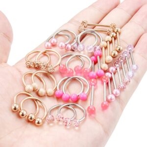 Ftovosyo 32Pcs Nipple Rings 14G Surgical Steel Tongue Nipplerings Barbell Bar Hoop Ring Piercing Jewelry for Women Men 14mm Rose Gold Pink Glow in The Dark Externally Threaded Ball