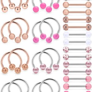 Ftovosyo 32Pcs Nipple Rings 14G Surgical Steel Tongue Nipplerings Barbell Bar Hoop Ring Piercing Jewelry for Women Men 14mm Rose Gold Pink Glow in The Dark Externally Threaded Ball