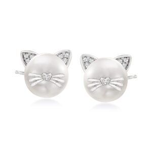 Ross-Simons 8-8.5mm Cultured Pearl Cat Earrings with Diamond Accents in Sterling Silver