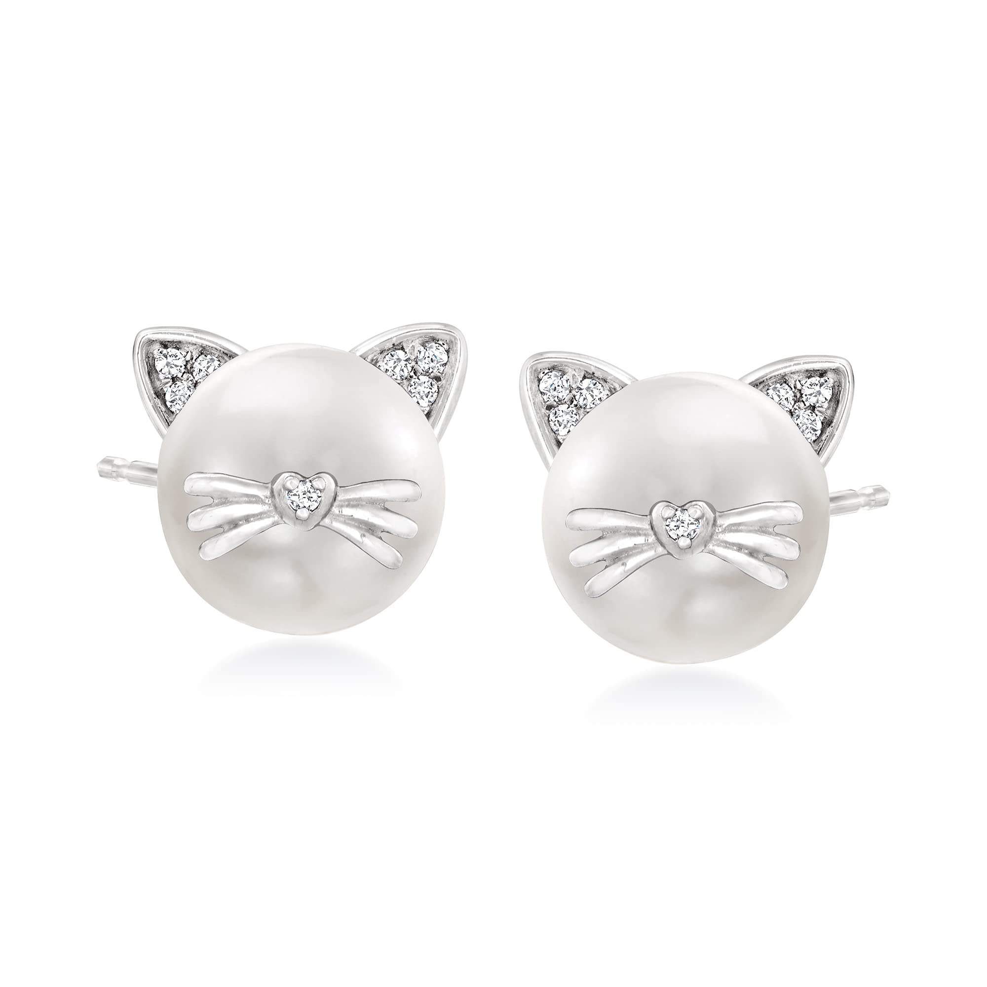 Ross-Simons 8-8.5mm Cultured Pearl Cat Earrings with Diamond Accents in Sterling Silver